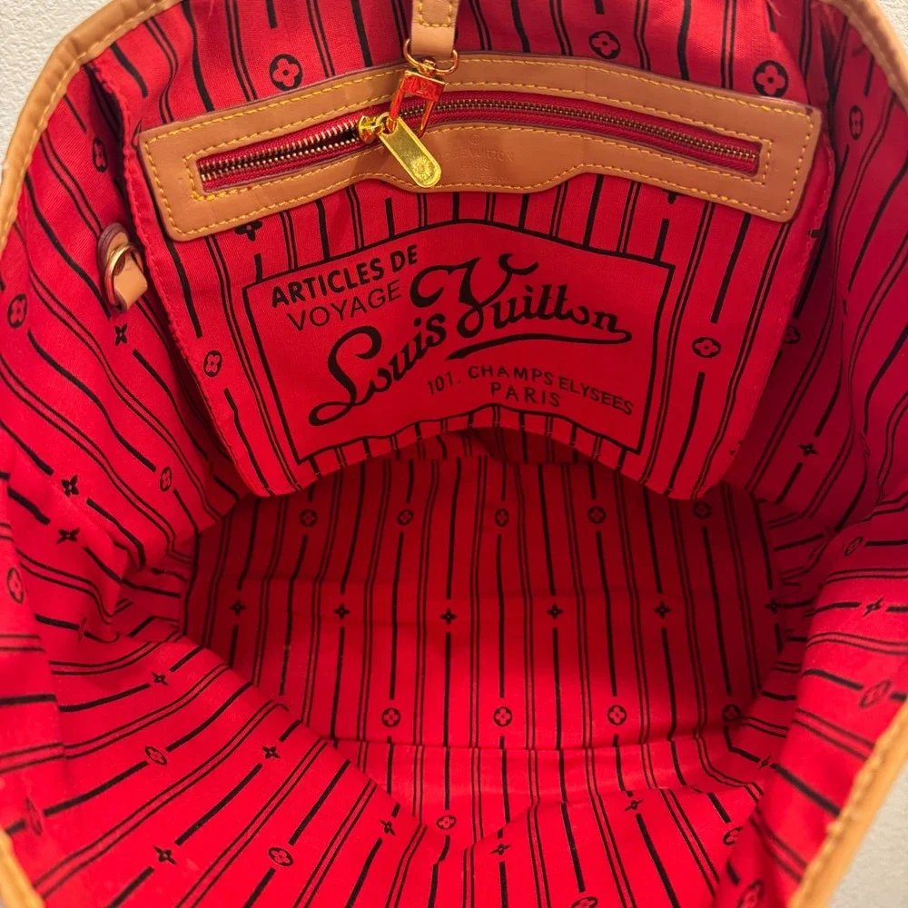 Monogram Tote Bag Brown Coated Canvas Red Striped Interior Gold Hardware